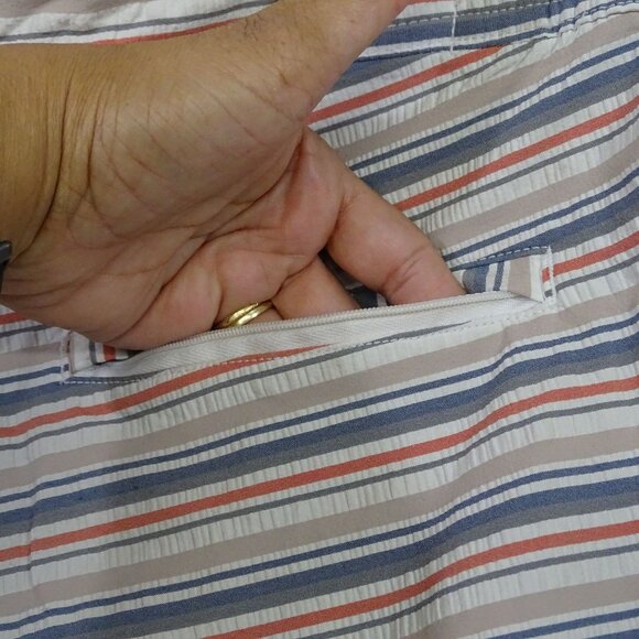 Onia Striped Swim Board Shorts Men Size L Zipper Fly Cream Gray Tan Pockets - Picture 5 of 12